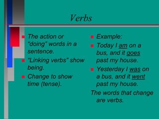 Verbs
 The action or
“doing” words in a
sentence.
 “Linking verbs” show
being.
 Change to show
time (tense).
 Example:
 Today I am on a
bus, and it goes
past my house.
 Yesterday I was on
a bus, and it went
past my house.
The words that change
are verbs.
 