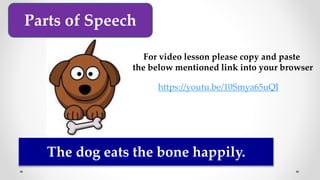 The dog eats the bone happily.
Parts of Speech
https://youtu.be/10Smya65uQI
For video lesson please copy and paste
the below mentioned link into your browser
 