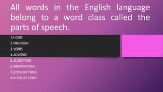 All words in the English language
belong to a word class called the
parts of speech.
1.NOUN
2.PRONOUN
3.VERBS
4.ADVERBS
5.ADJECTIVES
6.PREPOSITIONS
7.CONJUNCTIONS
8.INTERJECTIONS
 