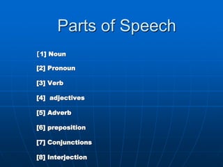 Parts of Speech
[1] Noun
[2] Pronoun
[3] Verb
[4] adjectives
[5] Adverb
[6] preposition
[7] Conjunctions
[8] Interjection
 