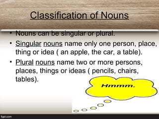 Classification of Nouns
• Nouns can be singular or plural.
• Singular nouns name only one person, place,
thing or idea ( an apple, the car, a table).
• Plural nouns name two or more persons,
places, things or ideas ( pencils, chairs,
tables).
 