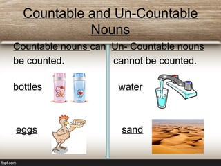 Countable and Un-Countable
Nouns
Countable nouns can Un- Countable nouns
be counted. cannot be counted.
bottles water
eggs sand
 