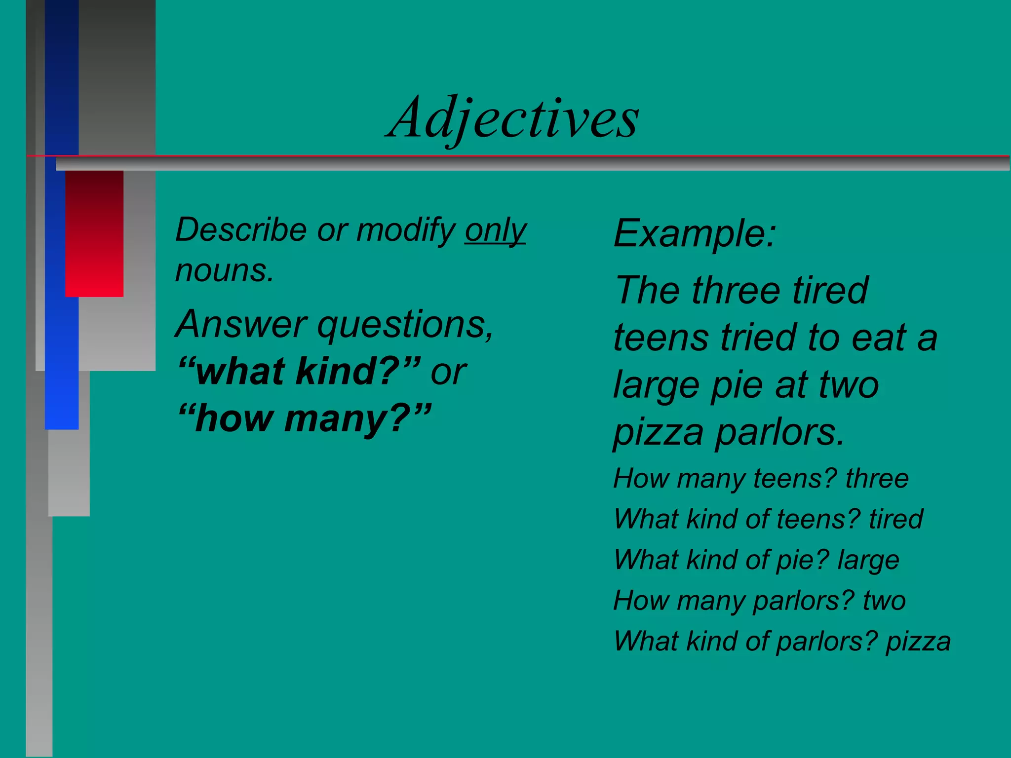 Adjectives
Describe or modify only
nouns.

Answer questions,
“what kind?” or
“how many?”

Example:
The three tired
teens tried to eat a
large pie at two
pizza parlors.
How many teens? three
What kind of teens? tired
What kind of pie? large
How many parlors? two
What kind of parlors? pizza

 
