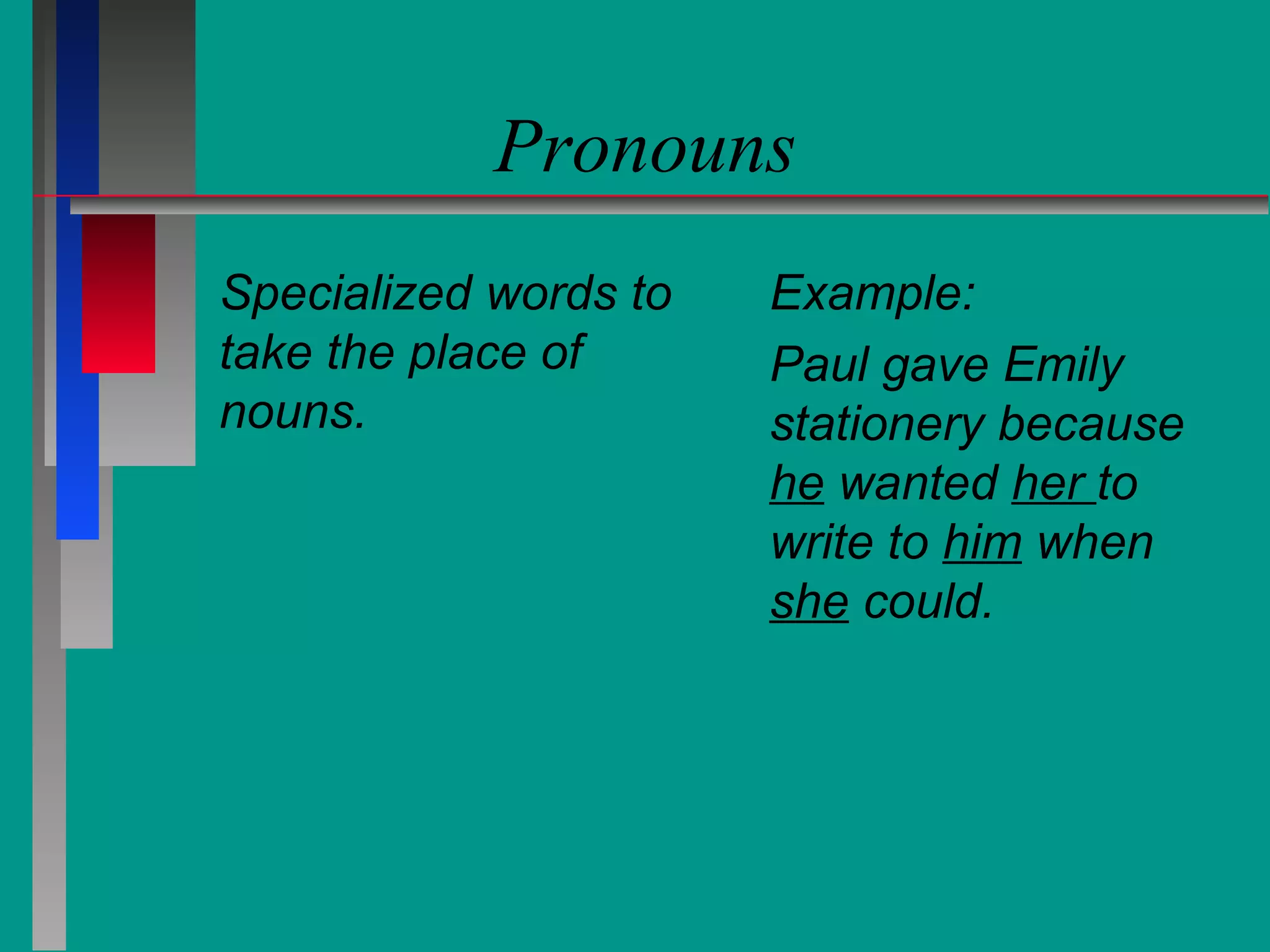 Pronouns
Specialized words to
take the place of
nouns.

Example:
Paul gave Emily
stationery because
he wanted her to
write to him when
she could.

 