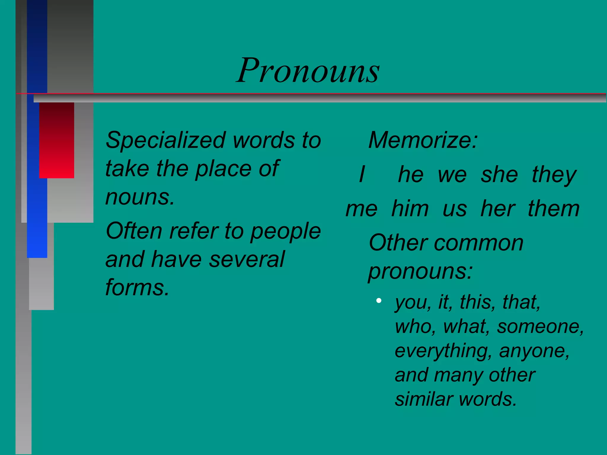 Pronouns
Specialized words to
take the place of
nouns.
Often refer to people
and have several
forms.

Memorize:
I he we she they
me him us her them
Other common
pronouns:
• you, it, this, that,
who, what, someone,
everything, anyone,
and many other
similar words.

 