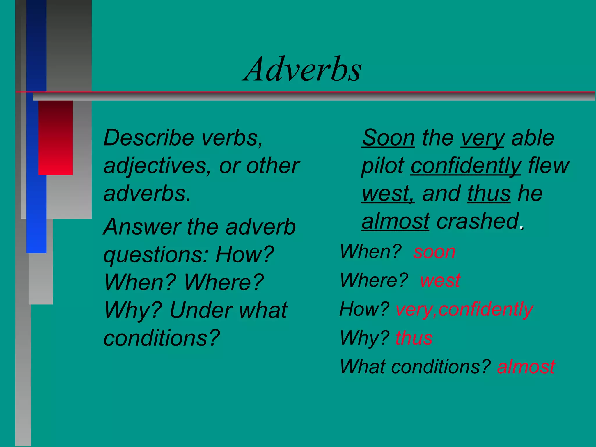 Adverbs
Describe verbs,
adjectives, or other
adverbs.
Answer the adverb
questions: How?
When? Where?
Why? Under what
conditions?

Soon the very able
pilot confidently flew
west, and thus he
almost crashed.
When? soon
Where? west
How? very,confidently
Why? thus
What conditions? almost

 