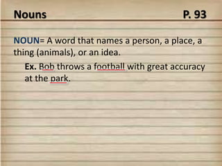 Nouns                                     P. 93

NOUN= A word that names a person, a place, a
thing (animals), or an idea.
   Ex. Bob throws a football with great accuracy
   at the park.
 