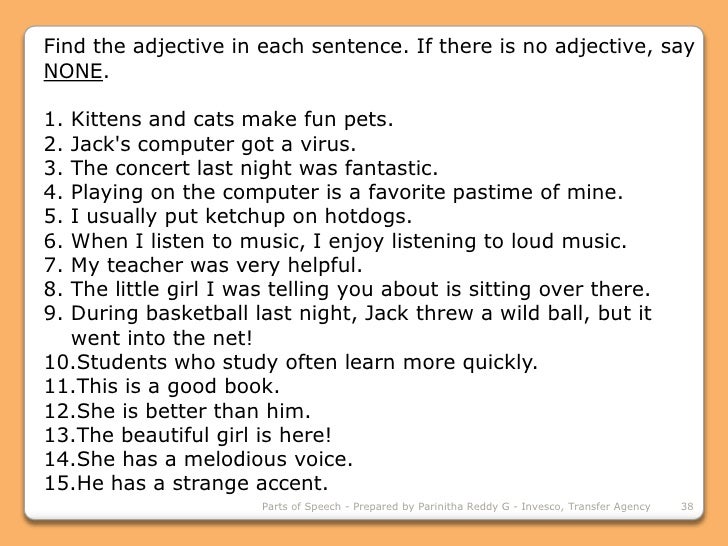 parts of speech part of speech sentence