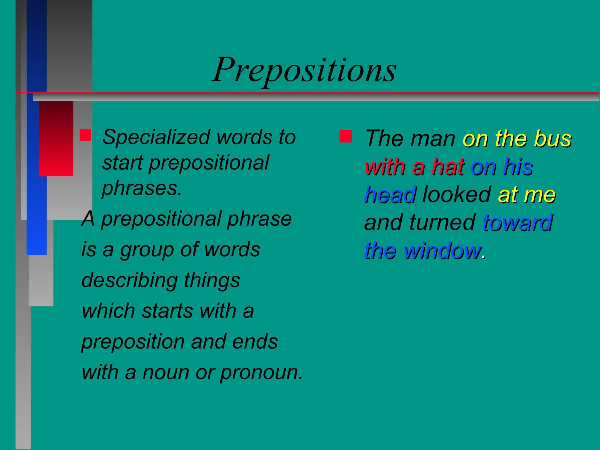 Prepositions
 Specialized words to
start prepositional
phrases.
A prepositional phrase
is a group of words
describing things
which starts with a
preposition and ends
with a noun or pronoun.
 The man on the bus
on the bus
with a hat
with a hat on his
on his
head
head looked at me
at me
and turned toward
toward
the window
the window.
.
 