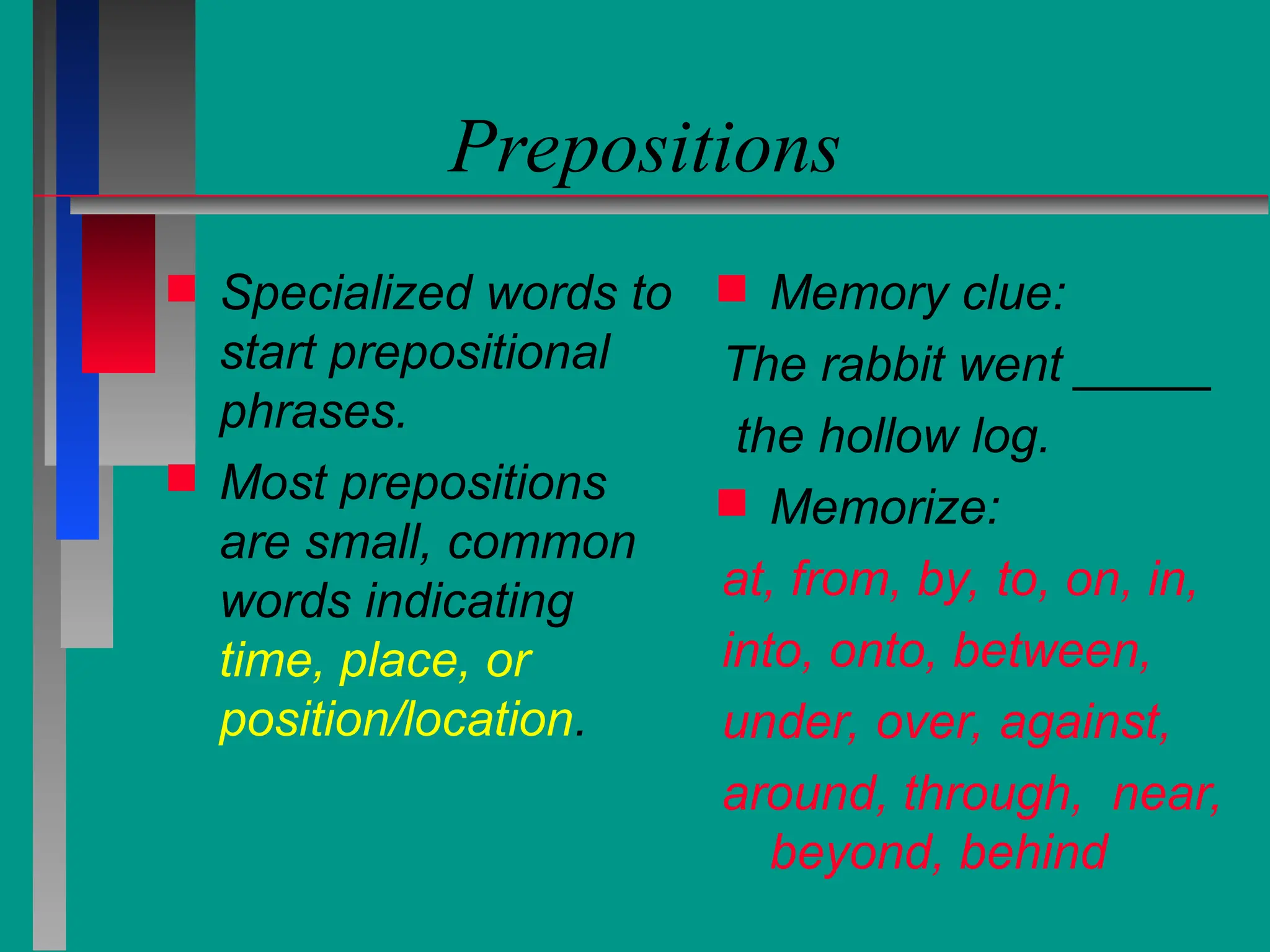 Prepositions
 Specialized words to
start prepositional
phrases.
 Most prepositions
are small, common
words indicating
time, place, or
position/location.
 Memory clue:
The rabbit went _____
the hollow log.
 Memorize:
at, from, by, to, on, in,
into, onto, between,
under, over, against,
around, through, near,
beyond, behind
 