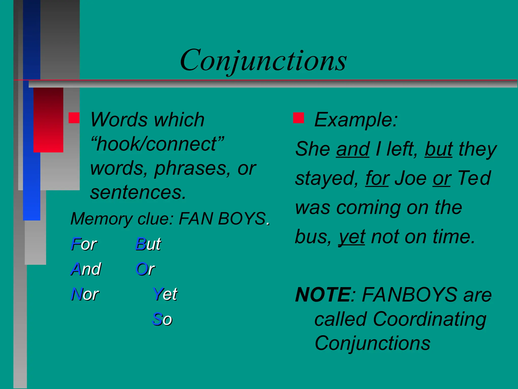 Conjunctions
 Words which
“hook/connect”
words, phrases, or
sentences.
Memory clue: FAN BOYS.
.
F
For
or B
But
ut
A
And
nd O
Or
r
N
Nor
or Y
Yet
et
S
So
o
 Example:
She and I left, but they
stayed, for Joe or Ted
was coming on the
bus, yet not on time.
NOTE: FANBOYS are
called Coordinating
Conjunctions
 