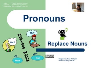 Images: courtesy of Clip Art
Photo: courtesy of RZP
Pronouns
Replace Nouns
Topic: Parts of Speech (Pronouns)
Audience: English language learners
Published by: G&R Languages – May, 2013
You!
Me?
He She
Man
Girl
 