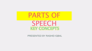 PARTS OF
SPEECH
KEY CONCEPTS
PRESENTED BY RASHID IQBAL
 