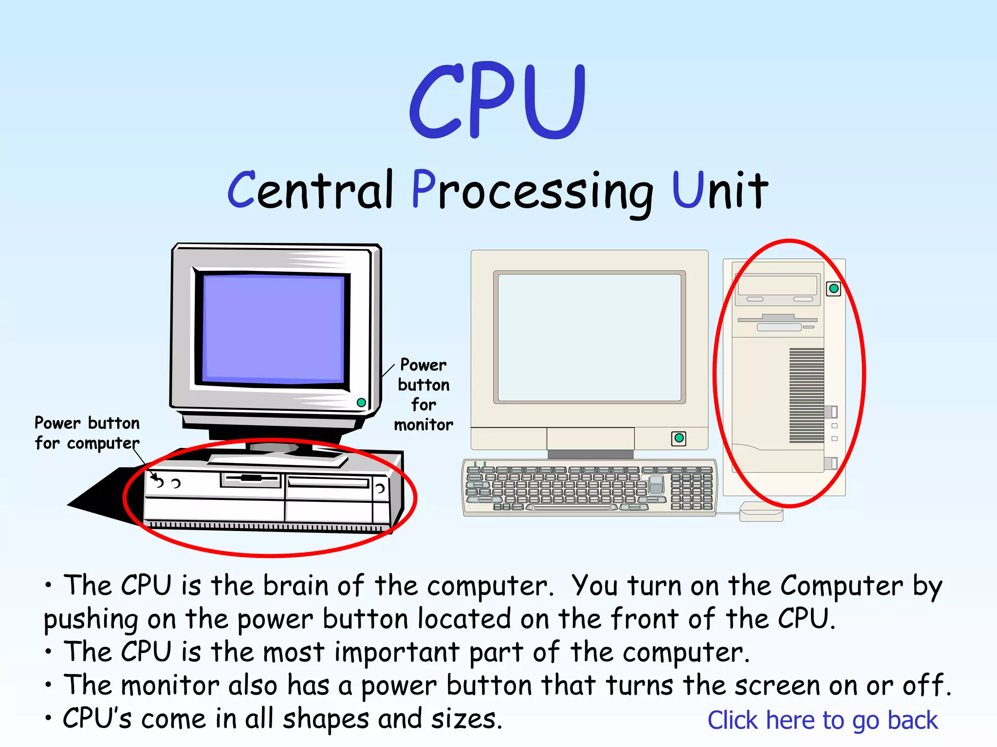 CPU C entral  P rocessing  U nit The CPU is the brain of the computer.  You turn on the Computer by pushing on the power button located on the front of the CPU. The CPU is the most important part of the computer. The monitor also has a power button that turns the screen on or off. CPU’s come in all shapes and sizes. Click here to go back Power button for computer Power button for monitor 