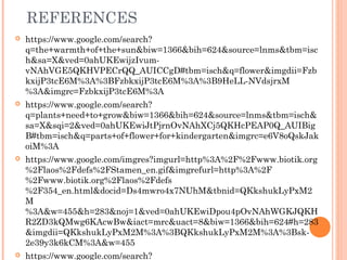 REFERENCES
 https://www.google.com/search?
q=the+warmth+of+the+sun&biw=1366&bih=624&source=lnms&tbm=isc
h&sa=X&ved=0ahUKEwijzIvum-
vNAhVGE5QKHVPECrQQ_AUICCgD#tbm=isch&q=flower&imgdii=Fzb
kxijP3tcE6M%3A%3BFzbkxijP3tcE6M%3A%3B9HeLL-NVdsjrxM
%3A&imgrc=FzbkxijP3tcE6M%3A
 https://www.google.com/search?
q=plants+need+to+grow&biw=1366&bih=624&source=lnms&tbm=isch&
sa=X&sqi=2&ved=0ahUKEwiJtPjrnOvNAhXCj5QKHcPEAP0Q_AUIBig
B#tbm=isch&q=parts+of+flower+for+kindergarten&imgrc=e6V8oQskJak
oiM%3A
 https://www.google.com/imgres?imgurl=http%3A%2F%2Fwww.biotik.org
%2Flaos%2Fdefs%2FStamen_en.gif&imgrefurl=http%3A%2F
%2Fwww.biotik.org%2Flaos%2Fdefs
%2F354_en.html&docid=Ds4mwro4x7NUhM&tbnid=QKkshukLyPxM2
M
%3A&w=455&h=283&noj=1&ved=0ahUKEwiDpou4pOvNAhWGKJQKH
R2ZD3kQMwg6KAcwBw&iact=mrc&uact=8&biw=1366&bih=624#h=283
&imgdii=QKkshukLyPxM2M%3A%3BQKkshukLyPxM2M%3A%3Bsk-
2e39y3k6kCM%3A&w=455
 https://www.google.com/search?
 