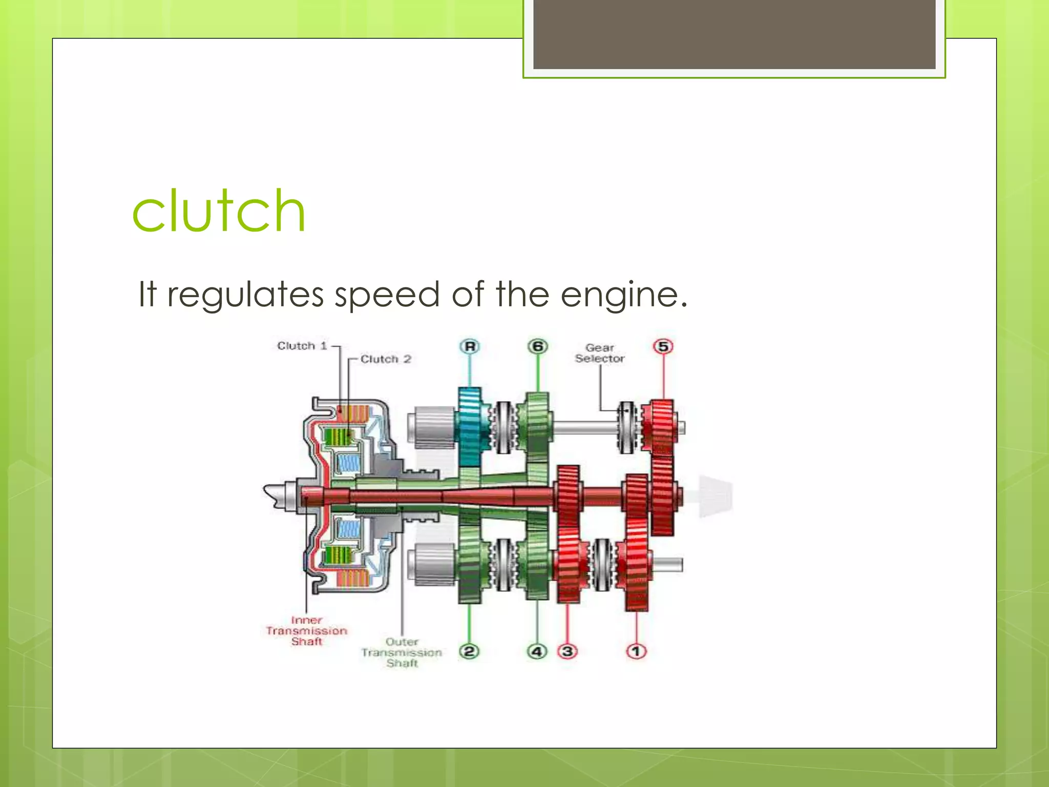 clutch
It regulates speed of the engine.
 