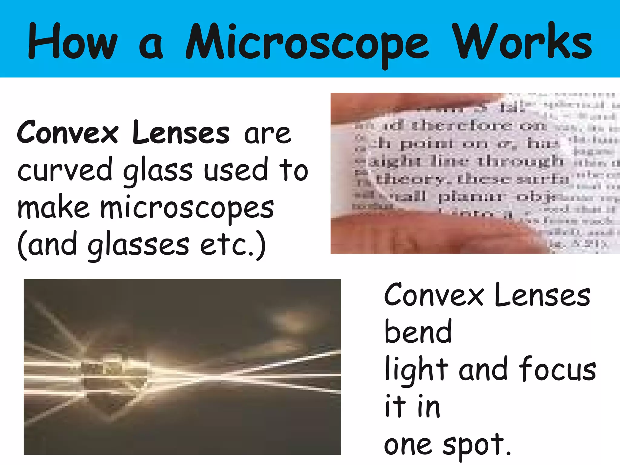 Convex Lenses are
curved glass used to
make microscopes
(and glasses etc.)
Convex Lenses
bend
light and focus
it in
one spot.
How a Microscope Works
 