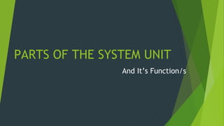 PARTS OF THE SYSTEM UNIT
And It’s Function/s
 