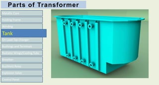 Parts of Transformer
Metallic Core
On Load Tap Changer
Bushings and Terminals
Radiator Wings/Cooling Tubs
Breather
Buchholz Relay
Explosion Valve
Control Panel
Winding
Holding Frame
Tank
 