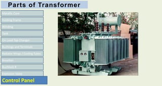 Parts of Transformer
Metallic Core
Tank
On Load Tap Changer
Bushings and Terminals
Radiator Wings / Cooling Tubes
Breather
Buchholz R
Explosion Valve
Winding
Holding Frame
Control Panel
 