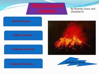 Different types of
                         By Hannah, Grace, and
    Volcanoes            Charlotte H.




                     Exploding Volcano
 