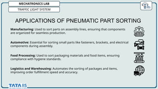 MECHATRONICS LAB
TRAFFIC LIGHT SYSTEM
APPLICATIONS OF PNEUMATIC PART SORTING
Manufacturing: Used to sort parts on assembly lines, ensuring that components
are organized for seamless production.
Automotive: Essential for sorting small parts like fasteners, brackets, and electrical
components during assembly.
Food Processing: Used to sort packaging materials and food items, ensuring
compliance with hygiene standards.
Logistics and Warehousing: Automates the sorting of packages and items,
improving order fulfillment speed and accuracy.
 