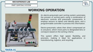 An electro-pneumatic part sorting system automates
the process of sorting parts using a combination of
electronic controls and pneumatic components. It
employs sensors to detect and identify parts, and a
programmable controller to process this information.
Electro-pneumatic valves then direct compressed air
to actuators, which move parts to designated bins or
conveyors based on the sorting criteria.
This system offers high speed, flexibility, and
precision, making it ideal for applications in
manufacturing, logistics, and recycling.
WORKING OPERATION
MECHATRONICS LAB
PART SORTING SYSTEM
 