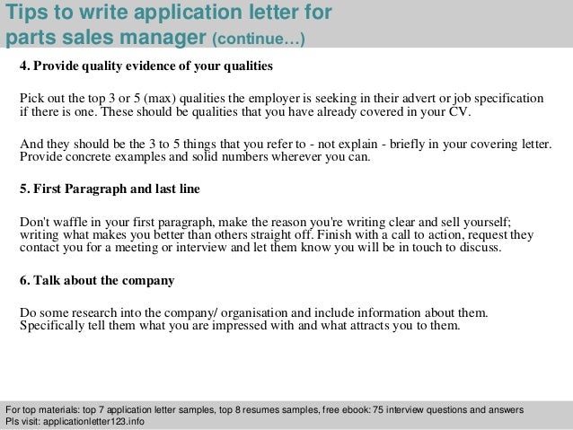 Parts sales manager application letter