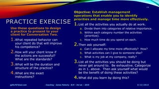 1.List all the activities you actually do at work.
a. Divide them into categories of relative importance.
b. Within each category number the activities
(prioritize).
c. How much time do you spend on each.
2.Then ask yourself:
a. Can I allocate my time more effectively? How?
b. What activities can I give to someone else?
c. What is my job at my company, really?
3.List all the activities you should be doing but
never get around to. Be exhaustive. Categorize
as in 1. above. Then ask yourself what would
be the benefit of doing these activities?
4.What did you learn by doing this?
1.What repeated behavior can
your client do that will improve
his competence?
2.How will your client know if
the actions are successful?
What are the standards?
3.What will be the duration and
structure of the practice?
4.What are the exact
instructions?
5/12/2015jgillis767@aol.com Coaching - James Flaherty - B/H - 3rd ed. - 2010
19
 