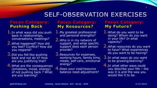 1.In what ways did you push
back in relationships,
conversations, meetings?
2.What happened? How did
you feel? Conflict? How did
you respond?
3.Did you fell like pushing
back and not do it? How
are you justifying that?
4.What are the consequences
(emotions, mood, energy)
of not pushing back ? What
are you learning?
1.My greatest professional
and personal strengths?
2.Who is in my network of
support, and what specific
support does each person
provide?
3.Resources for expenses,
working hours, family time,
meals, self-care, emotional
energy?
4.Does your cost/resource
balance need adjustment?
1.What do you want to be
doing? Whom do you want
in your life? In what
capacity?
2.What resources do you want
to have? What experiences
do you want to be having?
3.In what ways do you want
to be growing/learning?
4.In what other ways could
you describe your life – the
way it is and the way you
would like it to be.
5/12/2015jgillis767@aol.com Coaching - James Flaherty - B/H - 3rd ed. - 2010
3
 