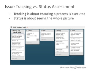 Issue Tracking vs. Status Assessment
  - Tracking is about ensuring a process is executed
  - Status is about seeing the whole picture




                                   Check out http://trello.com
 