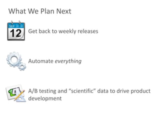 What We Plan Next

     Get back to weekly releases



     Automate everything



     A/B testing and “scientific” data to drive product
     development
 