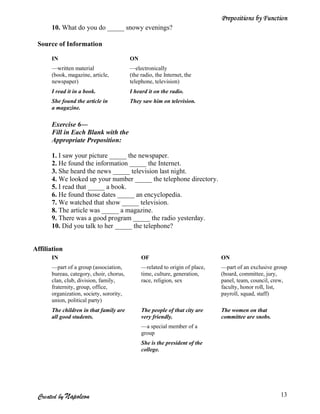 Prepositions by Function
      10. What do you do _____ snowy evenings?

 Source of Information

      IN                                 ON
      —written material                  —electronically
      (book, magazine, article,          (the radio, the Internet, the
      newspaper)                         telephone, television)
      I read it in a book.               I heard it on the radio.
      She found the article in           They saw him on television.
      a magazine.

      Exercise 6—
      Fill in Each Blank with the
      Appropriate Preposition:

      1. I saw your picture _____ the newspaper.
      2. He found the information _____ the Internet.
      3. She heard the news _____ television last night.
      4. We looked up your number _____ the telephone directory.
      5. I read that _____ a book.
      6. He found those dates _____ an encyclopedia.
      7. We watched that show _____ television.
      8. The article was _____ a magazine.
      9. There was a good program _____ the radio yesterday.
      10. Did you talk to her _____ the telephone?


Affiliation
      IN                                      OF                             ON
      —part of a group (association,          —related to origin of place,   —part of an exclusive group
      bureau, category, choir, chorus,        time, culture, generation,     (board, committee, jury,
      clan, club, division, family,           race, religion, sex            panel, team, council, crew,
      fraternity, group, office,                                             faculty, honor roll, list,
      organization, society, sorority,                                       payroll, squad, staff)
      union, political party)
      The children in that family are         The people of that city are    The women on that
      all good students.                      very friendly.                 committee are snobs.
                                              —a special member of a
                                              group
                                              She is the president of the
                                              college.




 Created by Napoleon                                                                                 13
 
