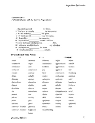 Prepositions by Function




Exercise 15B—
Fill in the Blanks with the Correct Prepositions:



      1. He didn't respond __________ my letter.
      2. You have to comply __________ the agreement.
      3. We are working __________ our goals.
      4. Try not to dwell __________ your problems.
      5. I don't object __________ their coming.
      6. They donated __________ several charities.
      7. She is putting a lot of pressure __________ him.
      8. I wish you wouldn't laugh __________ my mistakes.
      9. They rejoiced __________ the news.
      10. The children cried __________ delight.

Prepositions before Nouns
           IN                      WITH                          IN/WITH
assent                abandon        humility        anger             dread
cold blood            anger          indifference    apprehension      earnest
compliance            care           kindness        approbation       fairness
confusion             compassion     joy             approval          fear
consent               courage        love            compassion        friendship
defeat                delight        malice          confidence        gratitude
disgrace              despair        optimism        contempt          grief
disobedience          discretion     pleasure        defiance          happiness
dissent               disdain        pride           delight           kindness
desolation            distress       regard          despair           pain
fun                   enthusiasm     sadness         disappointment relief
person                fear           shame           disbelief         sadness
private               feeling        skill           disdain           shame
public                glee           sympathy        disgust           sorrow
reaction              grace          tenderness      dismay            sympathy
someone's absence     gratitude      thanks          distress          trust
someone's presence    happiness      understanding
                      hatred

Created by Napoleon                                                                      25
 