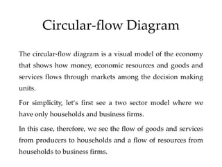 Circular-flow Diagram
The circular-flow diagram is a visual model of the economy
that shows how money, economic resources and goods and
services flows through markets among the decision making
units.
For simplicity, let‘s first see a two sector model where we
have only households and business firms.
In this case, therefore, we see the flow of goods and services
from producers to households and a flow of resources from
households to business firms.
 