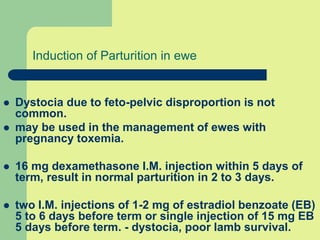 Induction of Parturition in ewe
 Dystocia due to feto-pelvic disproportion is not
common.
 may be used in the management of ewes with
pregnancy toxemia.
 16 mg dexamethasone I.M. injection within 5 days of
term, result in normal parturition in 2 to 3 days.
 two I.M. injections of 1-2 mg of estradiol benzoate (EB)
5 to 6 days before term or single injection of 15 mg EB
5 days before term. - dystocia, poor lamb survival.
 