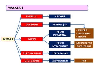 MASALAH
DISTOSIA INFEKSI
DEHIDRASI
ENERGI ↓
RUPTURA UTERI
ASIDOSIS
PERFUSI ↓↓
INFEKSI
INTRANATAL
INFEKSI
INTRAPARTUM
PERDARAHAN
OTOTUTERUS ATONIA UTERI PPH
• ASFIKSIA
• SEPSIS NEO.
• KEJANG
INFEKSI/SEPSIS
PUERPERALIS
 