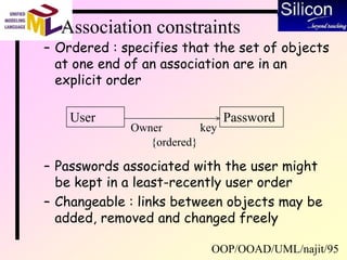 OOP/OOAD/UML/najit/95
Association constraints
– Ordered : specifies that the set of objects
at one end of an association are in an
explicit order
User Password
Owner key
{ordered}
– Passwords associated with the user might
be kept in a least-recently user order
– Changeable : links between objects may be
added, removed and changed freely
 