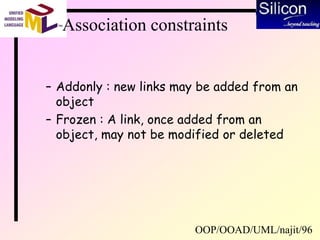 OOP/OOAD/UML/najit/96
Association constraints
– Addonly : new links may be added from an
object
– Frozen : A link, once added from an
object, may not be modified or deleted
 