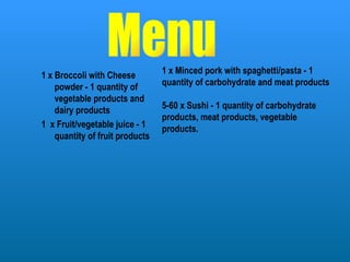 Menu 1 x Broccoli with Cheese powder - 1 quantity of vegetable products and dairy products  1  x Fruit/vegetable juice - 1 quantity of fruit products 1 x Minced pork with spaghetti/pasta - 1 quantity of carbohydrate and meat products 5-60 x Sushi - 1 quantity of carbohydrate products, meat products, vegetable products.  