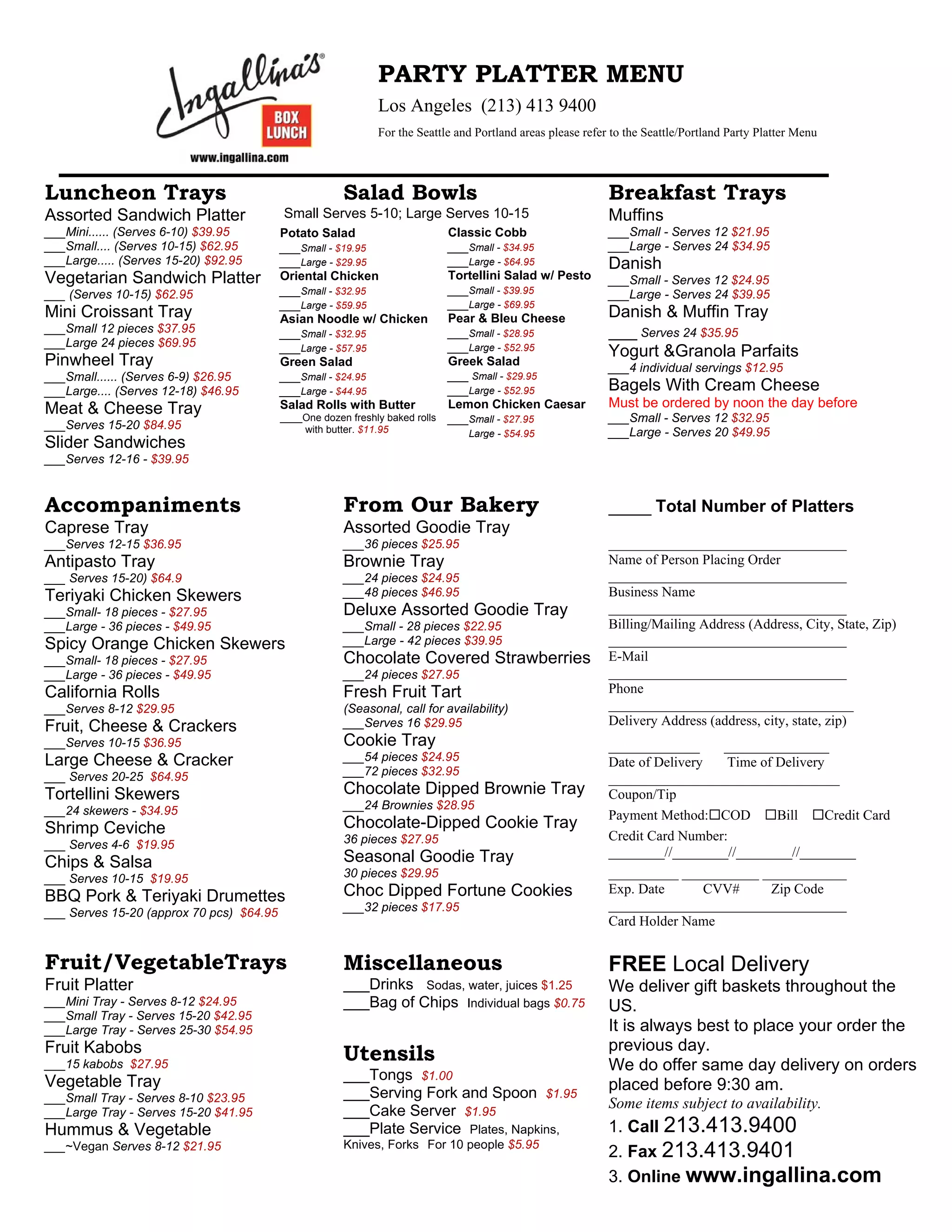 Party Platter Menu at Ingallina's Los Angeles Shop | PDF