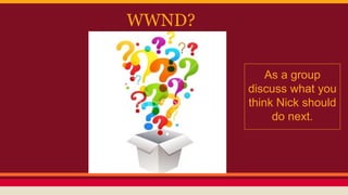 WWND?
As a group
discuss what you
think Nick should
do next.
 