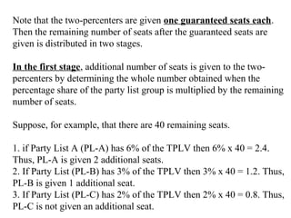 Note that the two-percenters are given one guaranteed seats each.
Then the remaining number of seats after the guaranteed seats are
given is distributed in two stages.
In the first stage, additional number of seats is given to the twopercenters by determining the whole number obtained when the
percentage share of the party list group is multiplied by the remaining
number of seats.
Suppose, for example, that there are 40 remaining seats.
1. if Party List A (PL-A) has 6% of the TPLV then 6% x 40 = 2.4.
Thus, PL-A is given 2 additional seats.
2. If Party List (PL-B) has 3% of the TPLV then 3% x 40 = 1.2. Thus,
PL-B is given 1 additional seat.
3. If Party List (PL-C) has 2% of the TPLV then 2% x 40 = 0.8. Thus,
PL-C is not given an additional seat.

 