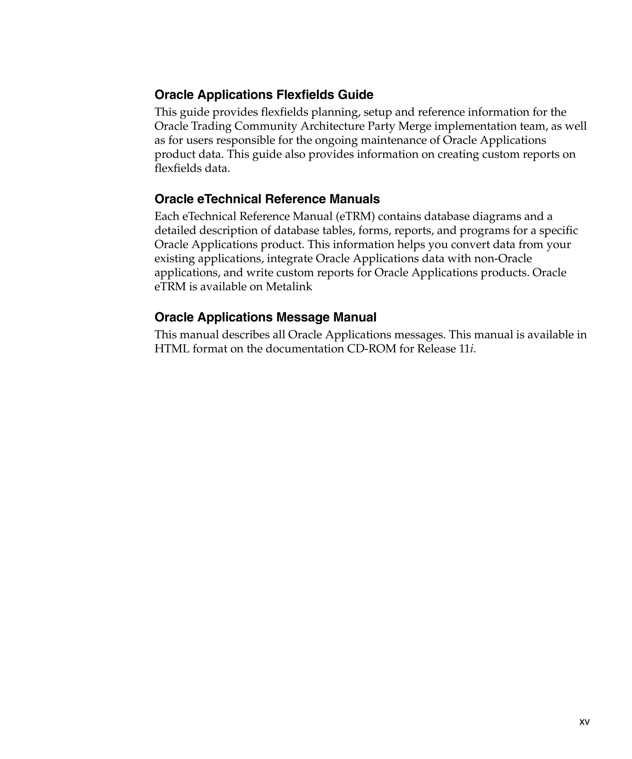 Oracle Applications Flexfields Guide
This guide provides flexfields planning, setup and reference information for the
Oracle Trading Community Architecture Party Merge implementation team, as well
as for users responsible for the ongoing maintenance of Oracle Applications
product data. This guide also provides information on creating custom reports on
flexfields data.

Oracle eTechnical Reference Manuals
Each eTechnical Reference Manual (eTRM) contains database diagrams and a
detailed description of database tables, forms, reports, and programs for a specific
Oracle Applications product. This information helps you convert data from your
existing applications, integrate Oracle Applications data with non-Oracle
applications, and write custom reports for Oracle Applications products. Oracle
eTRM is available on Metalink

Oracle Applications Message Manual
This manual describes all Oracle Applications messages. This manual is available in
HTML format on the documentation CD-ROM for Release 11i.




                                                                                       xv
 