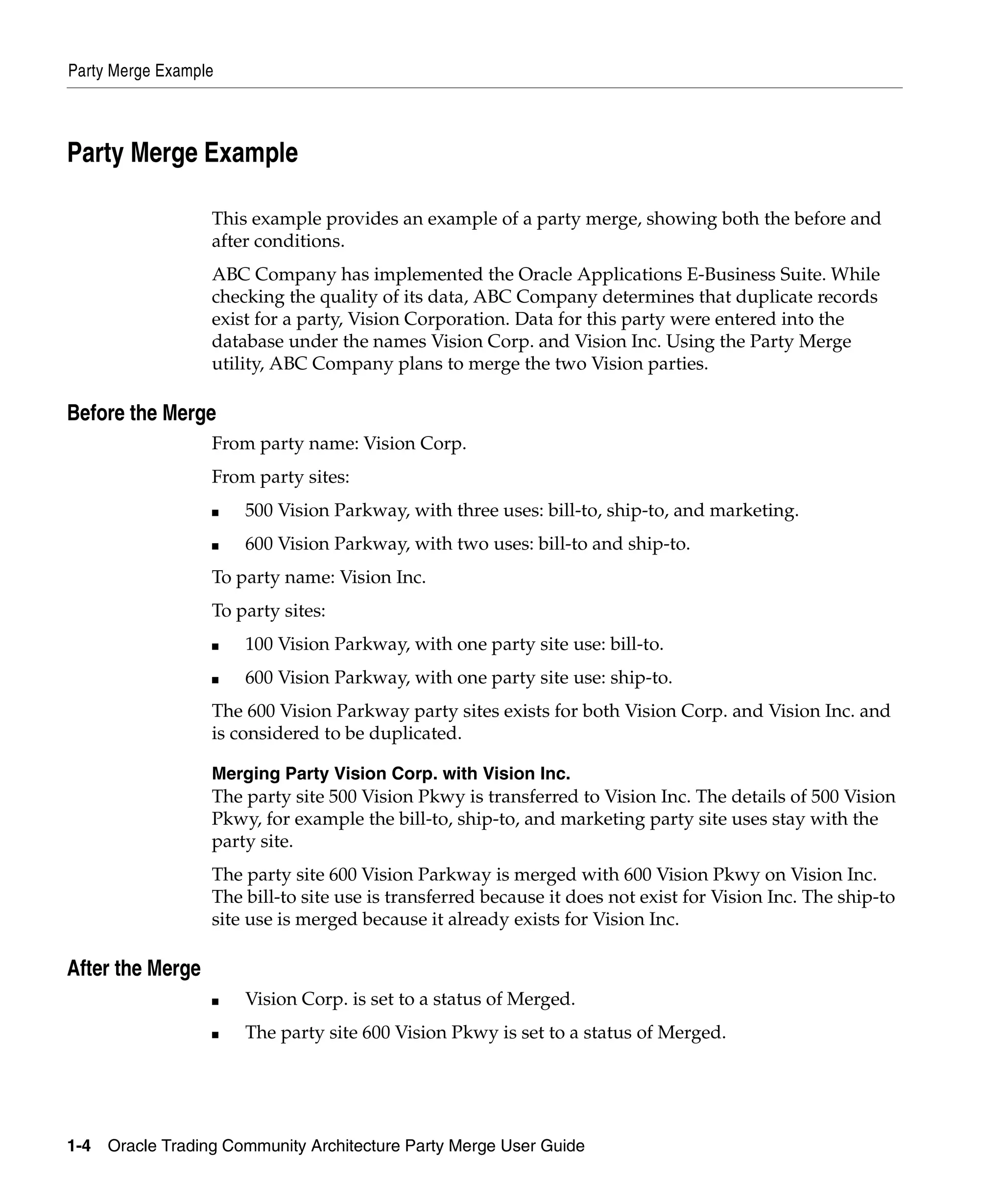 Party Merge Example



Party Merge Example

                   This example provides an example of a party merge, showing both the before and
                   after conditions.
                   ABC Company has implemented the Oracle Applications E-Business Suite. While
                   checking the quality of its data, ABC Company determines that duplicate records
                   exist for a party, Vision Corporation. Data for this party were entered into the
                   database under the names Vision Corp. and Vision Inc. Using the Party Merge
                   utility, ABC Company plans to merge the two Vision parties.

Before the Merge
                   From party name: Vision Corp.
                   From party sites:
                   ■   500 Vision Parkway, with three uses: bill-to, ship-to, and marketing.
                   ■   600 Vision Parkway, with two uses: bill-to and ship-to.
                   To party name: Vision Inc.
                   To party sites:
                   ■   100 Vision Parkway, with one party site use: bill-to.
                   ■   600 Vision Parkway, with one party site use: ship-to.
                   The 600 Vision Parkway party sites exists for both Vision Corp. and Vision Inc. and
                   is considered to be duplicated.

                   Merging Party Vision Corp. with Vision Inc.
                   The party site 500 Vision Pkwy is transferred to Vision Inc. The details of 500 Vision
                   Pkwy, for example the bill-to, ship-to, and marketing party site uses stay with the
                   party site.
                   The party site 600 Vision Parkway is merged with 600 Vision Pkwy on Vision Inc.
                   The bill-to site use is transferred because it does not exist for Vision Inc. The ship-to
                   site use is merged because it already exists for Vision Inc.

After the Merge
                   ■   Vision Corp. is set to a status of Merged.
                   ■   The party site 600 Vision Pkwy is set to a status of Merged.




1-4   Oracle Trading Community Architecture Party Merge User Guide
 