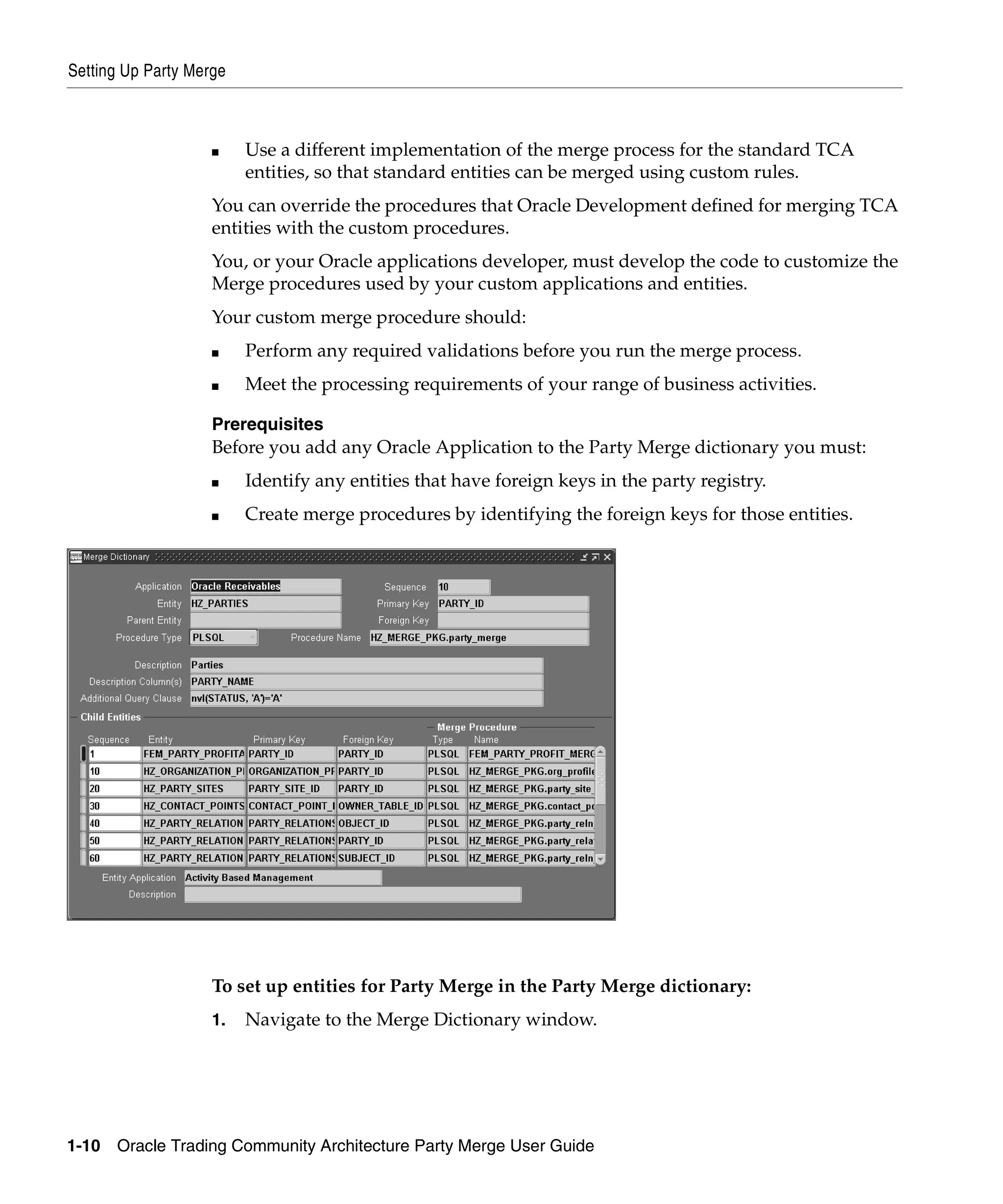 Setting Up Party Merge



                    ■    Use a different implementation of the merge process for the standard TCA
                         entities, so that standard entities can be merged using custom rules.
                    You can override the procedures that Oracle Development defined for merging TCA
                    entities with the custom procedures.
                    You, or your Oracle applications developer, must develop the code to customize the
                    Merge procedures used by your custom applications and entities.
                    Your custom merge procedure should:
                    ■    Perform any required validations before you run the merge process.
                    ■    Meet the processing requirements of your range of business activities.

                    Prerequisites
                    Before you add any Oracle Application to the Party Merge dictionary you must:
                    ■    Identify any entities that have foreign keys in the party registry.
                    ■    Create merge procedures by identifying the foreign keys for those entities.




                    To set up entities for Party Merge in the Party Merge dictionary:
                    1.   Navigate to the Merge Dictionary window.




1-10   Oracle Trading Community Architecture Party Merge User Guide
 
