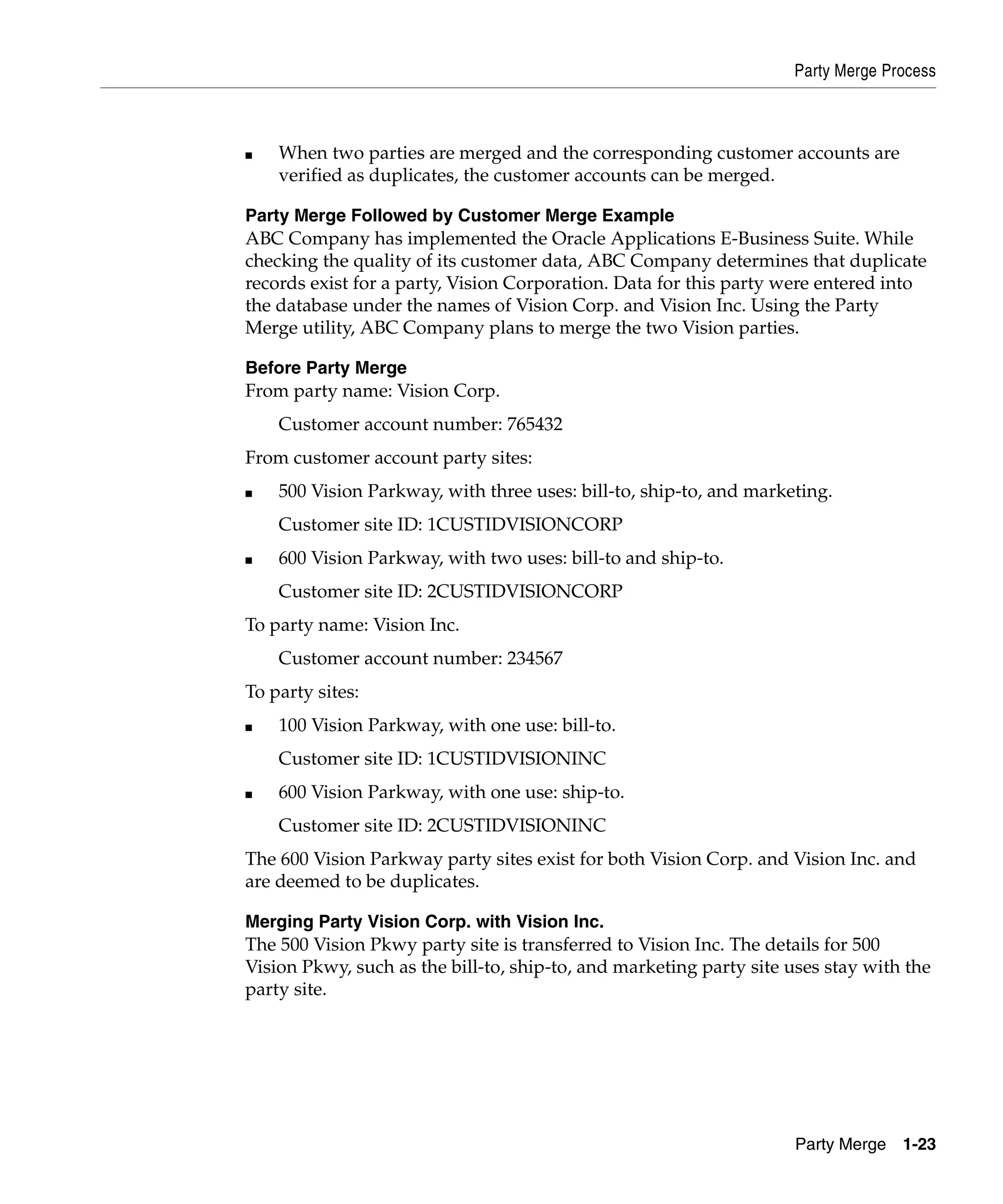 Party Merge Process



■   When two parties are merged and the corresponding customer accounts are
    verified as duplicates, the customer accounts can be merged.

Party Merge Followed by Customer Merge Example
ABC Company has implemented the Oracle Applications E-Business Suite. While
checking the quality of its customer data, ABC Company determines that duplicate
records exist for a party, Vision Corporation. Data for this party were entered into
the database under the names of Vision Corp. and Vision Inc. Using the Party
Merge utility, ABC Company plans to merge the two Vision parties.

Before Party Merge
From party name: Vision Corp.
    Customer account number: 765432
From customer account party sites:
■   500 Vision Parkway, with three uses: bill-to, ship-to, and marketing.
    Customer site ID: 1CUSTIDVISIONCORP
■   600 Vision Parkway, with two uses: bill-to and ship-to.
    Customer site ID: 2CUSTIDVISIONCORP
To party name: Vision Inc.
    Customer account number: 234567
To party sites:
■   100 Vision Parkway, with one use: bill-to.
    Customer site ID: 1CUSTIDVISIONINC
■   600 Vision Parkway, with one use: ship-to.
    Customer site ID: 2CUSTIDVISIONINC
The 600 Vision Parkway party sites exist for both Vision Corp. and Vision Inc. and
are deemed to be duplicates.

Merging Party Vision Corp. with Vision Inc.
The 500 Vision Pkwy party site is transferred to Vision Inc. The details for 500
Vision Pkwy, such as the bill-to, ship-to, and marketing party site uses stay with the
party site.




                                                                    Party Merge 1-23
 