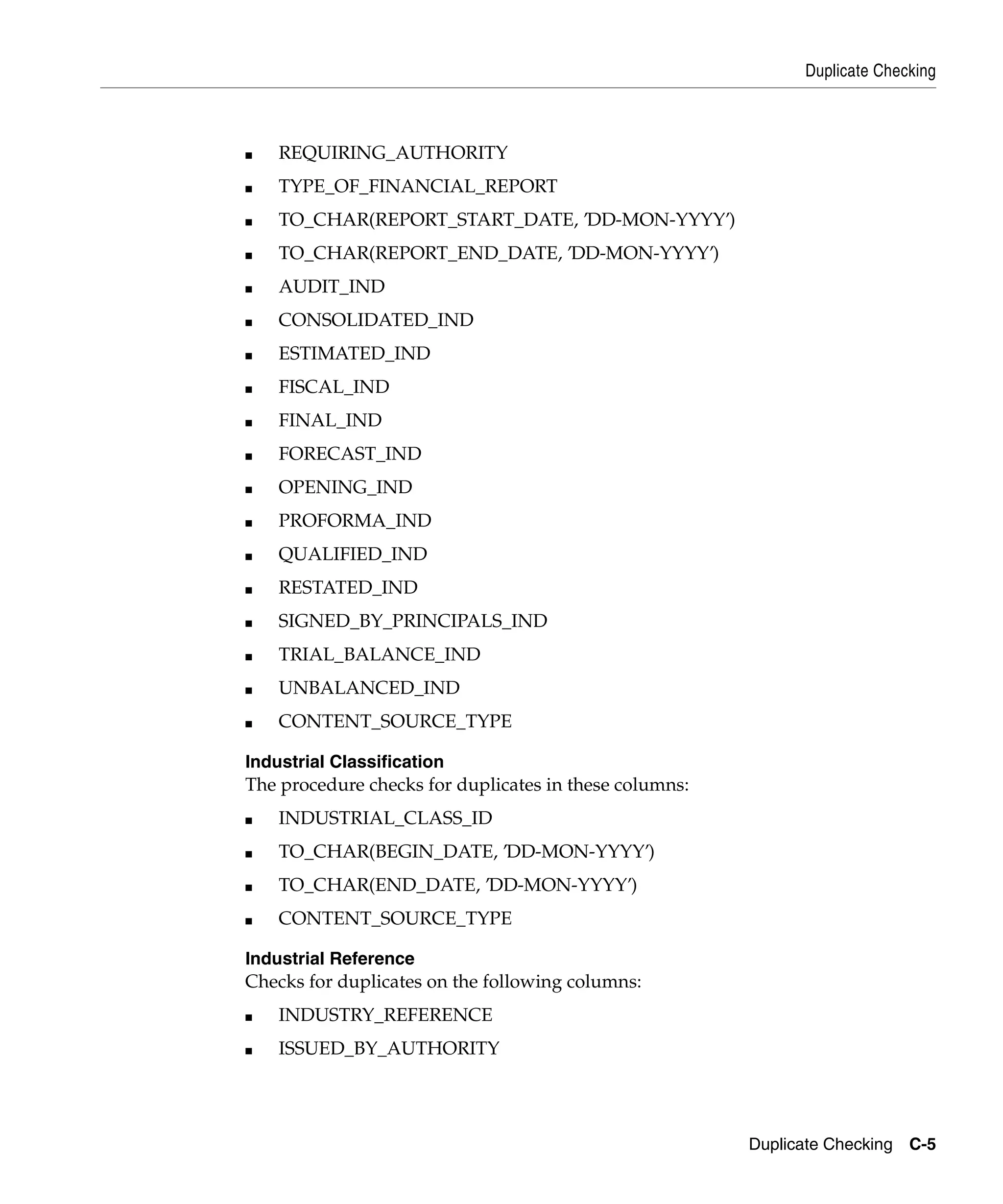 Duplicate Checking



■   REQUIRING_AUTHORITY
■   TYPE_OF_FINANCIAL_REPORT
■   TO_CHAR(REPORT_START_DATE, ’DD-MON-YYYY’)
■   TO_CHAR(REPORT_END_DATE, ’DD-MON-YYYY’)
■   AUDIT_IND
■   CONSOLIDATED_IND
■   ESTIMATED_IND
■   FISCAL_IND
■   FINAL_IND
■   FORECAST_IND
■   OPENING_IND
■   PROFORMA_IND
■   QUALIFIED_IND
■   RESTATED_IND
■   SIGNED_BY_PRINCIPALS_IND
■   TRIAL_BALANCE_IND
■   UNBALANCED_IND
■   CONTENT_SOURCE_TYPE

Industrial Classification
The procedure checks for duplicates in these columns:
■   INDUSTRIAL_CLASS_ID
■   TO_CHAR(BEGIN_DATE, ’DD-MON-YYYY’)
■   TO_CHAR(END_DATE, ’DD-MON-YYYY’)
■   CONTENT_SOURCE_TYPE

Industrial Reference
Checks for duplicates on the following columns:
■   INDUSTRY_REFERENCE
■   ISSUED_BY_AUTHORITY




                                                        Duplicate Checking C-5
 