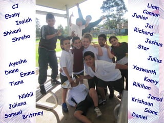 CJ                      L i am
                         Conn
        y           Juni         or
E b on                   or
       I sa i a h         Jai
                     Rich
Sh iv a n i               a rd
              a
    S  hreh               Josh
                                  ua
                      Star

                             Juliu
      esha                        s
 Ay                 Y a sw
  ia n e m m a               anth
D       E
                           Koev
         a                      y
   Tia n            R ik ih
                            an

         N ikhil    Krish
                              Jare
                                   d
                            aan
 J   u liana
                            Sion
Sa muel rittney     Da n i
                           el
                                 e
       B
 