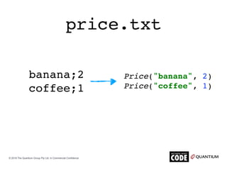price.txt
banana;2
coffee;1
Price("banana", 2)
Price("coffee", 1)
© 2018 The Quantium Group Pty Ltd. In Commercial Confide...